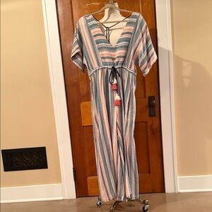 Anthropologie Striped Tie-Waist Jumpsuit in Blue, Pink & Cream